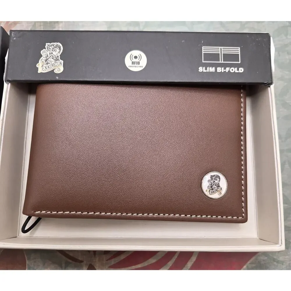 Kennington Wallet Slim Bi-Fold Brown Leather RIFD Protection New In Box